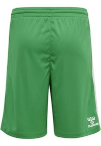 Gröna sportshorts med en slät textur, elastisk midja och vit sidopanel. Har "hummel"-logotypen i vitt på nedre högra delen.