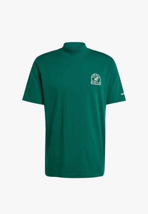 Green cotton t-shirt with a mock neck, short sleeves, and a white embroidered logo displaying "adidas originals" on the left chest.