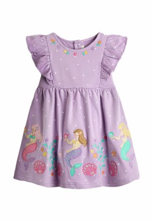 Levandulové šaty s volánovými rukávy, zdobené vyšívanými mořskými pannami a květinovými vzory, s motivy srdcí na jemné bavlněné látce.