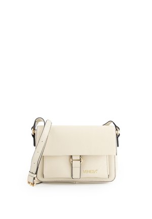 Cream-colored leather crossbody bag with front buckle detail, adjustable strap, and gold "Venezia" logo on lower right pocket.
