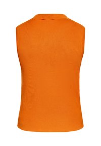 Top tricotat portocaliu fără mâneci, cu guler rotund, având o textură netedă și o siluetă ajustată. Fără modele vizibile sau accesorii.