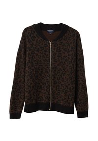 Brun leopardmönstrad cardigan med dragkedja fram, ribbat svart krage och muddar, mjuk textur, avslappnad passform.