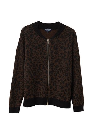 Cardigan con stampa leopardata marrone, zip frontale, colletto e polsini a coste neri, tessuto morbido, vestibilità rilassata.