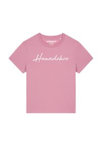 Rosa Baumwoll-T-Shirt mit kurzen Ärmeln, Rundhalsausschnitt und weißem, geschwungenem Text "Hawedehre" auf der Vorderseite.