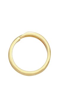 Kuldne sõrmus, millel on sile, poleeritud viimistlus. Selle ümara kujuga on ühel küljel kerge süvend. Minimalistlik disain, ilma täiendavate aksentideta.