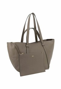 Sac fourre-tout en cuir taupe texturé avec double poignées et pochette zippée assortie à l'avant.