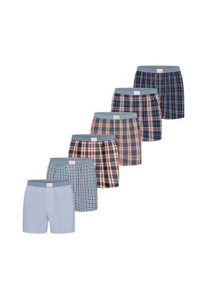 Sechs Paar Herren-Boxershorts in verschiedenen blauen und mehrfarbigen karierten und gestreiften Mustern mit grauen elastischen Bund.