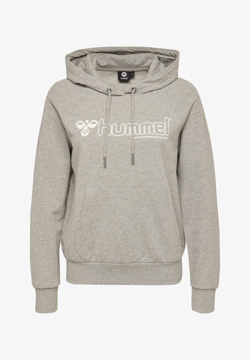 Sweat à capuche gris avec poche avant, capuche à cordon de serrage et logo blanc imprimé. Confectionné en tissu doux avec manches longues et poignets côtelés.