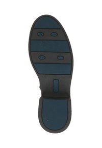 Suela de zapato de goma negra con un patrón de agarre texturizado en azul oscuro, que presenta secciones rectangulares y detalles de banda de rodadura circulares.