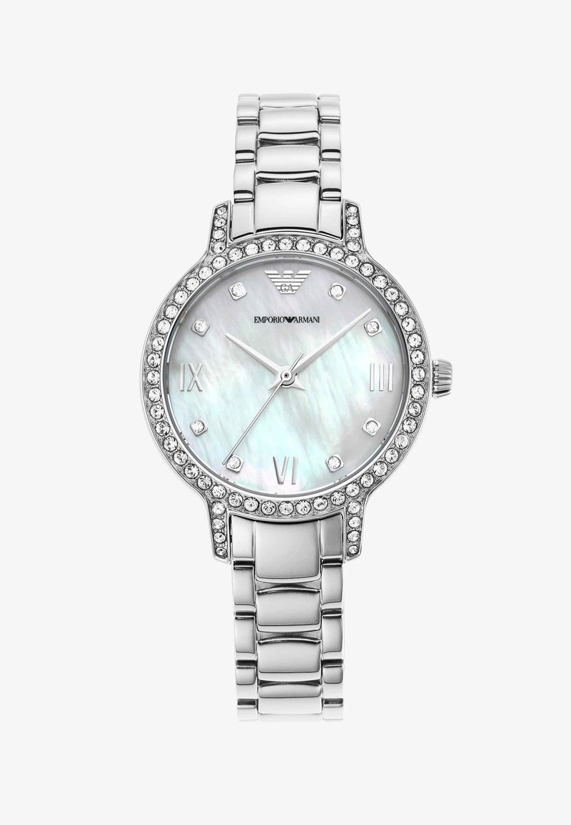 Sølv Emporio Armani armbåndsur med perlemorsskive, krystall-timeindikatorer, romertall og krystallbesatt bezel og armbånd.