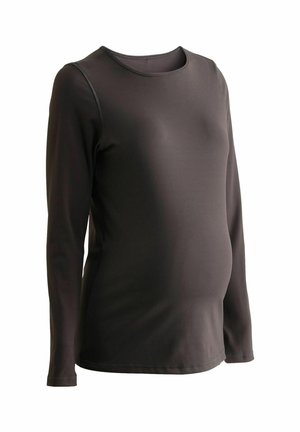 Black long-sleeve maternity top, made of smooth stretch fabric with a rounded neckline and subtle stitching details. Slim fit for comfort.