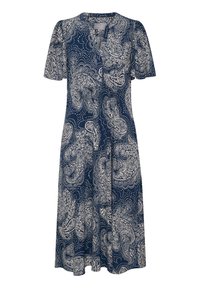 Námořnická modrá šaty s paisley a tečkovanými bílými vzory, krátkými rukávy a designem s V výstřihem, vyrobené z hladké tkaniny.