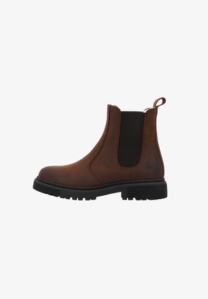 Brown leather Chelsea boot with elastic side panels, a pull tab, and rugged black rubber outsole. Features a smooth finish and sturdy design.
