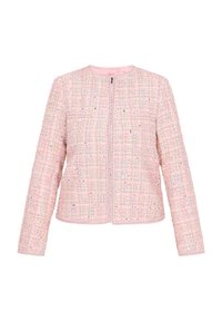 Rosa Tweedjacke mit strukturiertem Muster, leicht schimmernden Akzenten, rundem Ausschnitt und einem Reißverschluss an der Vorderseite. Lange Ärmel.