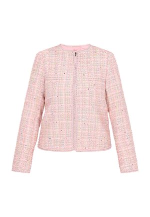 Jachetă roz din tweed cu un model texturat, accente ușor strălucitoare, decolteu rotund și închidere cu fermoar în față. Mâneci lungi.