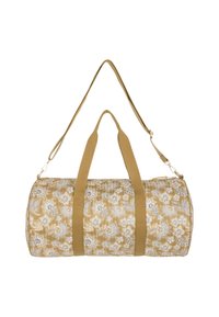 Bolsa de deporte cilíndrica marrón con un patrón floral en blanco y azul, que cuenta con dos asas cortas y una correa larga ajustable.