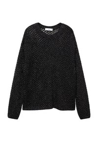 Zwarte gebreide trui met een losse pasvorm, lange mouwen en een ronde halslijn. Heeft een open geweven textuur overal.