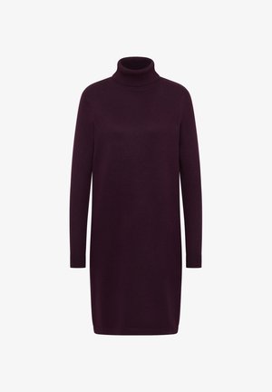 Pullover-Kleid aus dunkelviolettem Strick, mit hohem Rollkragen, langen Ärmeln und lockerer Passform, mit glatter Textur und ohne sichtbare Muster.