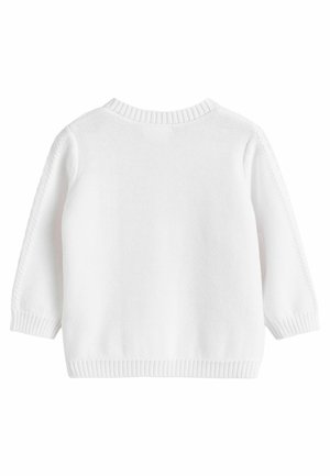 Weißer gestrickter Pullover mit langen Ärmeln, geripptem Halsausschnitt und Saum. Die Textur ist glatt, mit einem schlichten Design und ohne erkennbare Muster.