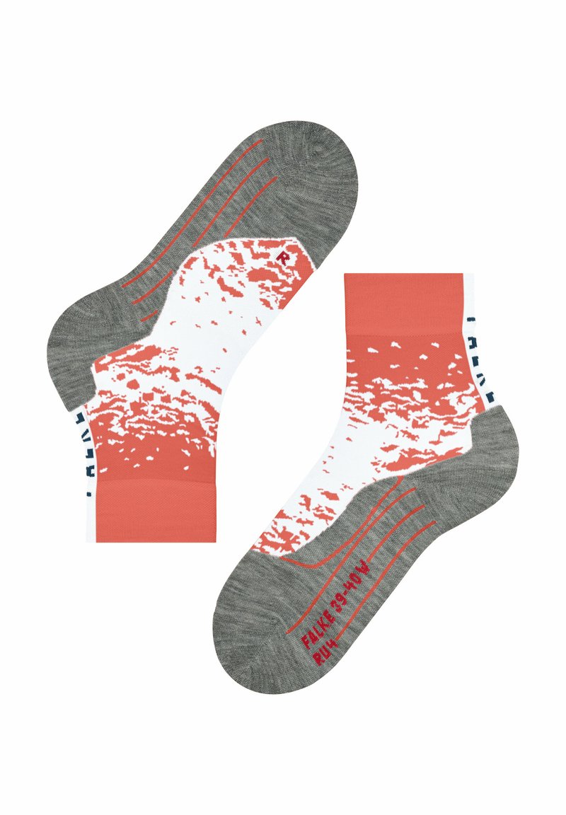 Bunt gestreifte Socken mit einem korallenfarbenen und weißen Muster sowie grauen Akzenten. Das Design enthält graue Streifen und Branding-Details in Marineblau.