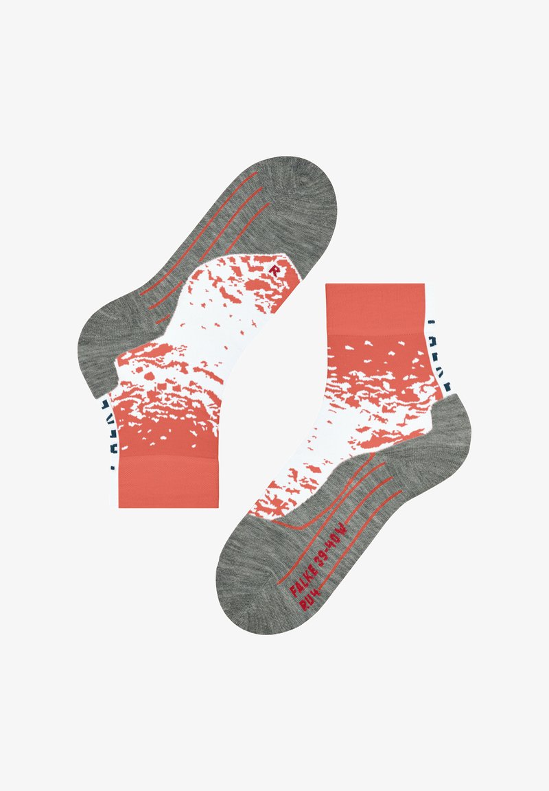 Bunt gestreifte Socken mit einem korallenfarbenen und weißen Muster sowie grauen Akzenten. Das Design enthält graue Streifen und Branding-Details in Marineblau.