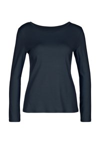 Langmouwige marineblauwe blouse gemaakt van een gladde, rekbare stof; heeft een brede halslijn en een slim fit ontwerp.