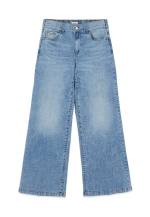 Lyseblå vidbenede denimjeans med for- og baglommer, knaplukning og bæltestropper, lagt fladt på hvid baggrund.