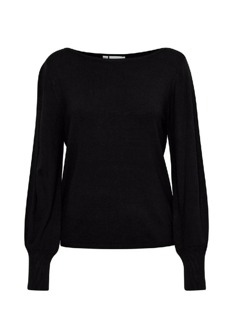 Maglione nero a maglia con scollo ampio, maniche lunghe a sbuffo e polsini a coste. Tessuto liscio senza motivi o elementi in metallo visibili.