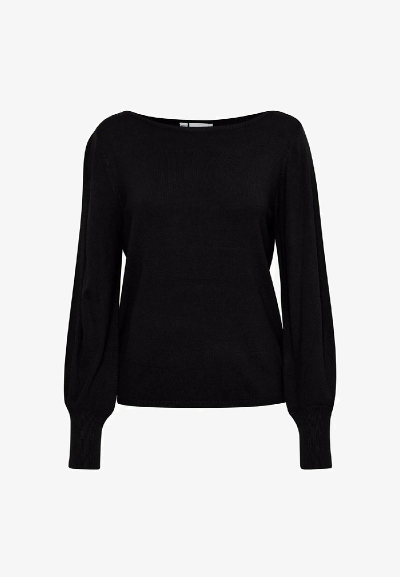 Maglione nero a maglia con scollo ampio, maniche lunghe a sbuffo e polsini a coste. Tessuto liscio senza motivi o elementi in metallo visibili.