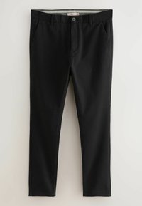 Black slim-fit trousers with button and zip closure, belt loops, and front side pockets, displayed against a plain light background.