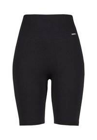 Schwarze, hoch taillierte, gerippte Radhose mit kleinem metallischem Markenetikett auf der linken Seite nahe dem Bund.