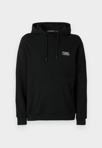 Čierna mikina s kapucňou a predným vreckom, so sťahovacou kapucňou a malým bielym logom "KARL LAGERFELD" na ľavej hrudi.
