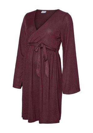 Bordo obleka s dolgimi rokavi, V-izrezom, s povezanimi pasom in s tekočo krilo iz mehkega, lahkega materiala.