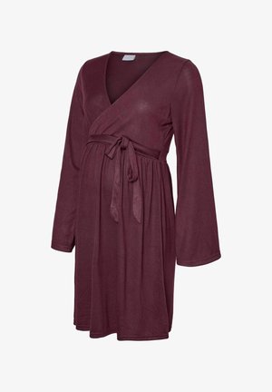 Bordo obleka s dolgimi rokavi, V-izrezom, s povezanimi pasom in s tekočo krilo iz mehkega, lahkega materiala.