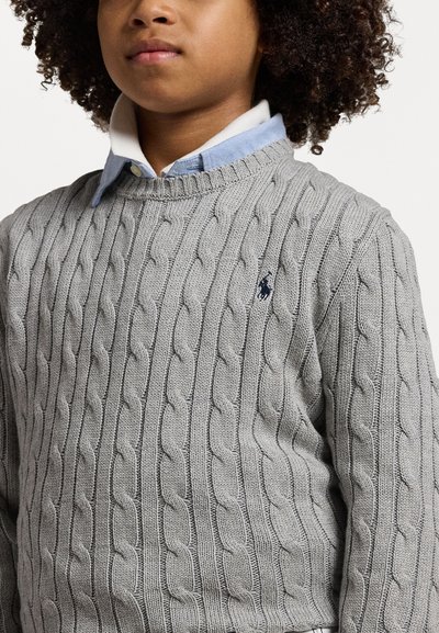 Grauer Kabelstrickpullover mit rundem Halsausschnitt und gerippten Bündchen, kombiniert mit einem hellblauen Hemd darunter. Logo-Akzent auf der linken Brust.