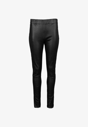 Schwarze Lederleggings mit elastischem Bund, glatter Textur und tailliertem Schnitt, der an den Knöcheln enger wird. Keine sichtbaren Beschläge oder Muster.