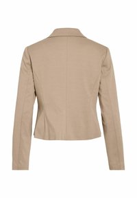 Beige räätälöity bleiseri pitkillä hihoilla, viistetyt läpät ja istuva muotoilu. Sujuva pinta ja pystysuorat saumat. Siisti, minimalistinen tyyli.