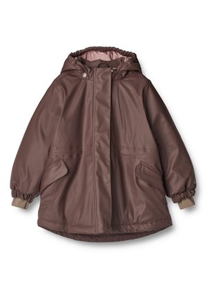 Veste imperméable marron avec capuche, poignets élastiques, poches avant avec rabats et fermeture éclair dissimulée à l'avant avec boutons-pression.