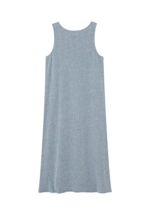 Light blue sleeveless dress with a round neck, made of soft knit fabric, featuring a straight silhouette and a hem that falls below the knees.
