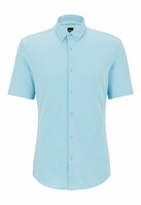Hellblaues Hemd mit kurzen Ärmeln und Kragen. Hergestellt aus glattem Stoff mit durchgehender Knopfleiste und dezentem, eingeprägtem Logo. Abgerundeter Saum, klassische Passform.