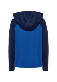 Felpa con cappuccio caratterizzata da un corpo blu e maniche blu navy. Il materiale è tessurizzato; il design presenta un colore uniforme senza motivi.