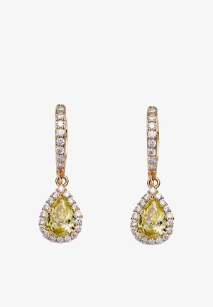Gold drop earrings with pear-shaped yellow gemstones surrounded by small white diamonds on diamond-studded hoops.