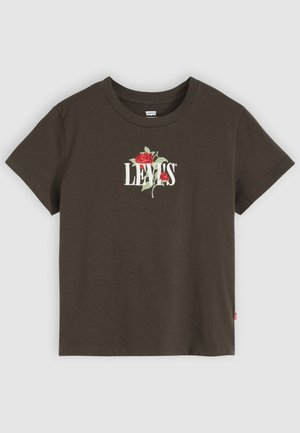 Barna színű rövid ujjú pamut póló, elülső részén fehér "LEVI'S" felirattal és piros rózsa hímzéssel. Klasszikus kerek nyakkivágású kialakítás.