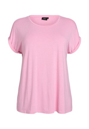 Camiseta de manga corta rosa hecha de tela suave, con un cuello redondeado y puños enrollados, con un corte relajado y una textura suave.