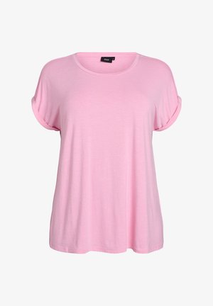 Rozā īsās piedurknes T-krekls, izgatavots no mīkstas auduma, ar apaļu kakla izgriezumu un sarullētām apakšmalām, ar brīvu piegriezumu un gludu virsmu.