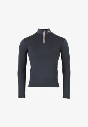 Mørkegrå atletisk langærmet trøje med kvart lynlås, der har et strømlinet design og kontrastfarvede detaljer nær halsen og lynlåsen.