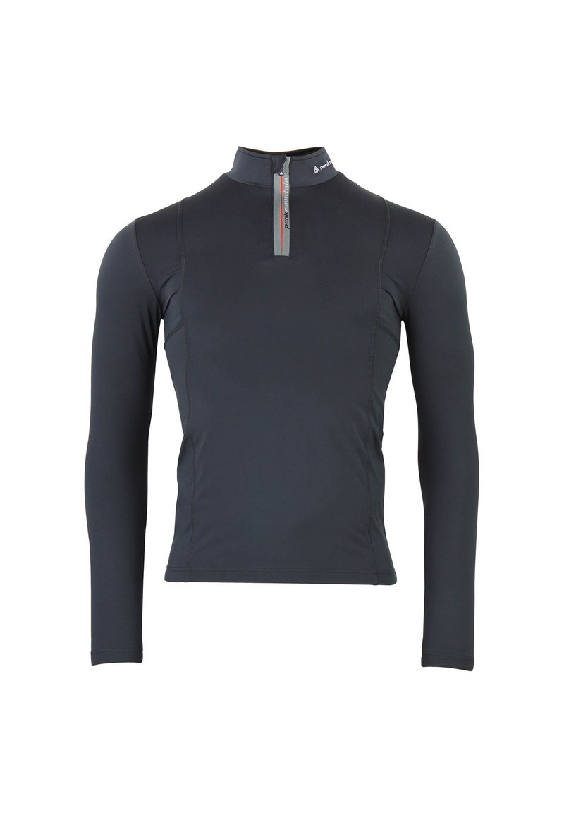 Dunkelgraues, langärmliges Sportoberteil mit einem Viertel-Reißverschluss, das ein schlankes Design und kontrastierende Akzente in der Nähe von Kragen und Reißverschluss aufweist.