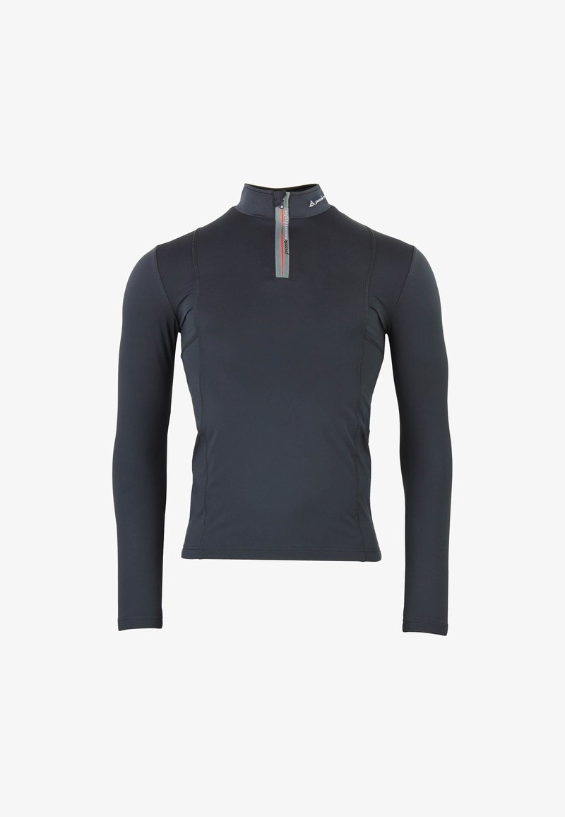 Dunkelgraues, langärmliges Sportoberteil mit einem Viertel-Reißverschluss, das ein schlankes Design und kontrastierende Akzente in der Nähe von Kragen und Reißverschluss aufweist.