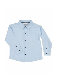 Ljusblå långärmad skjorta i bomull, med spetsig krage, en bröstficka och mörka knappar längs fram och vid manchetten.