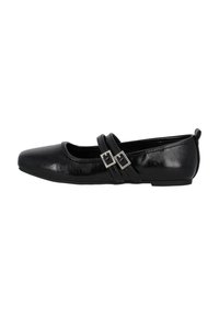 Black ballet flats with a rounded toe and low heel. Features double straps with square silver buckles. Made of smooth, shiny material.